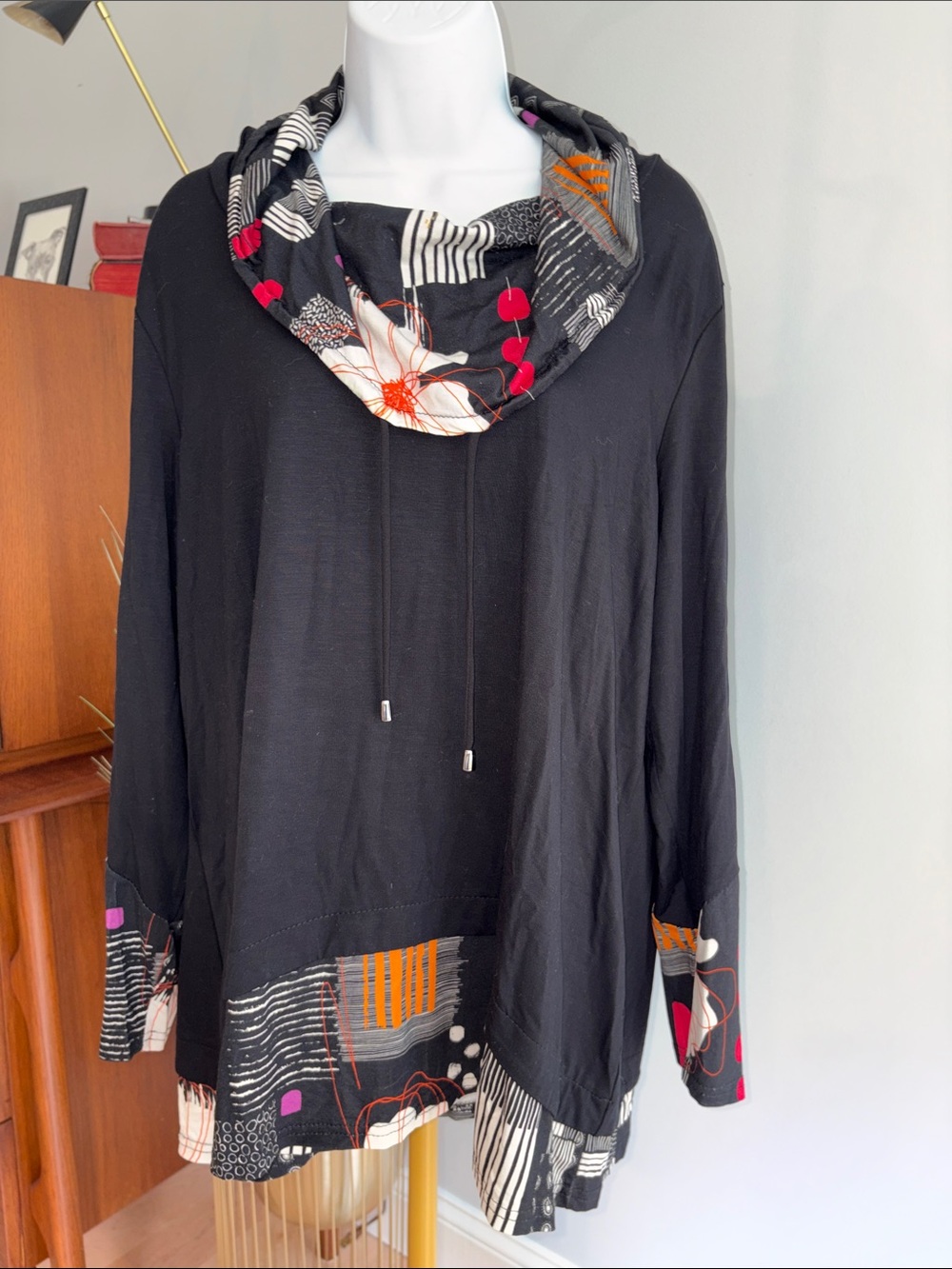 Black Geo-Trim Cowl Neck Tunic with Drawstring